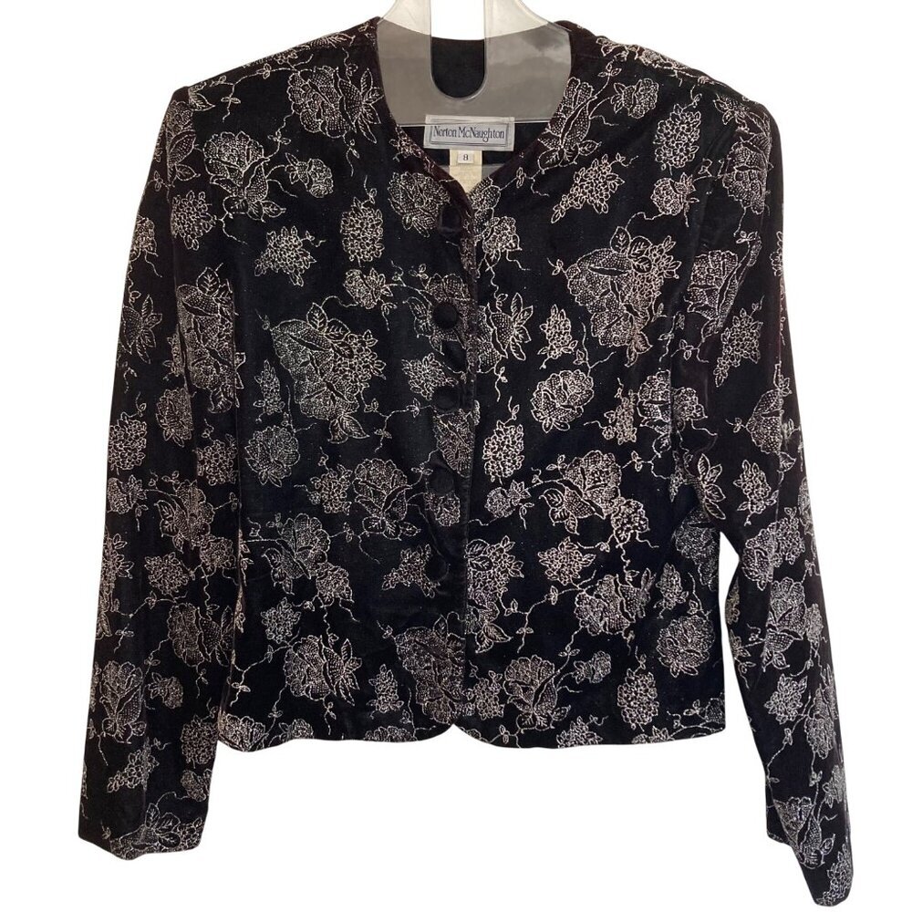Vintage Norton McNaughton Black Velvet Jacket Womens 8 Silver Floral Evening